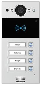 פנל IP/SIP עם ארבעה לחצנים וקורא קרבה; התקנה על הקיר או בשיקוע והזנת 12V DC או PoE. — MEGA 204